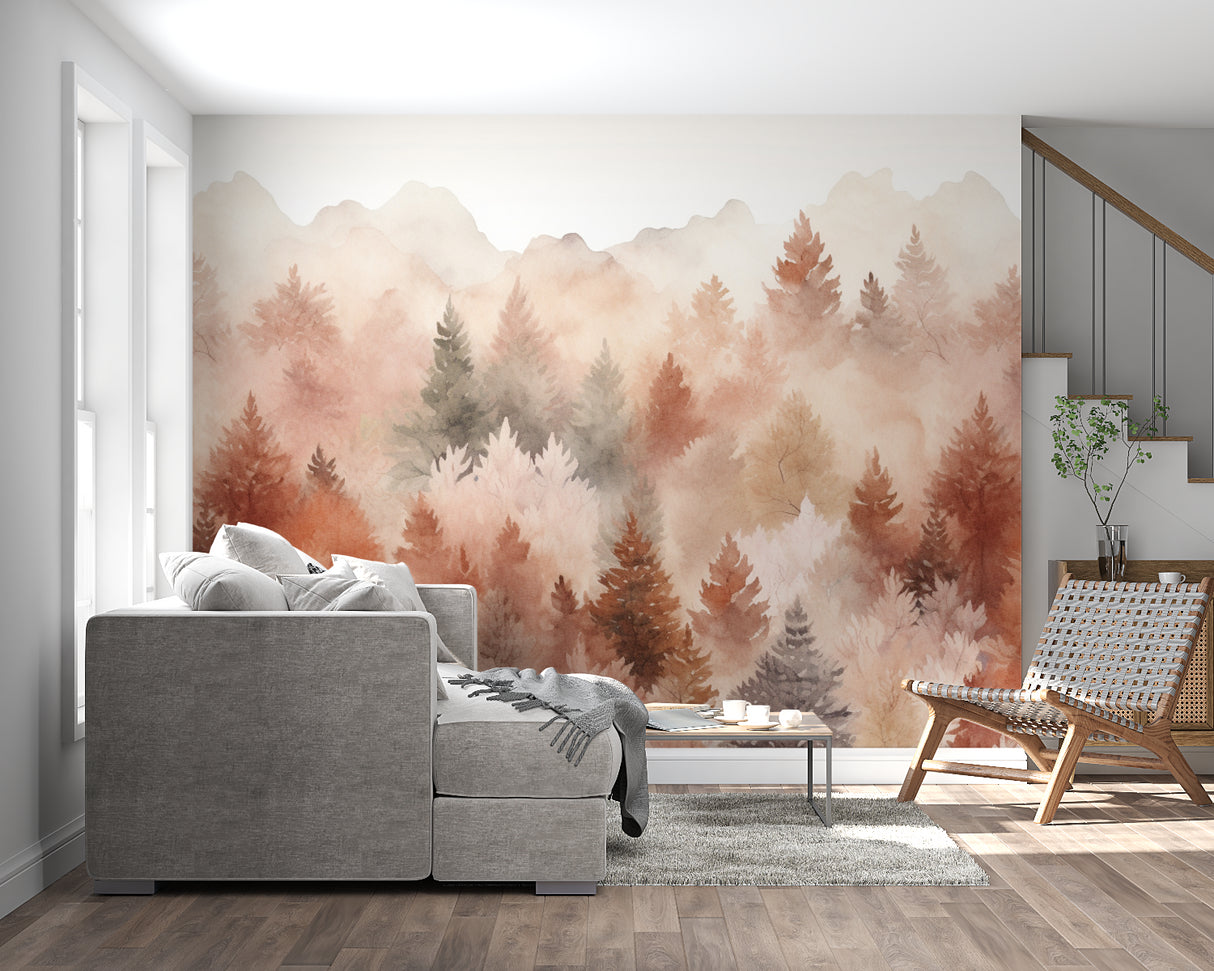 Forest wall mural bringing outdoor feel to meditation space