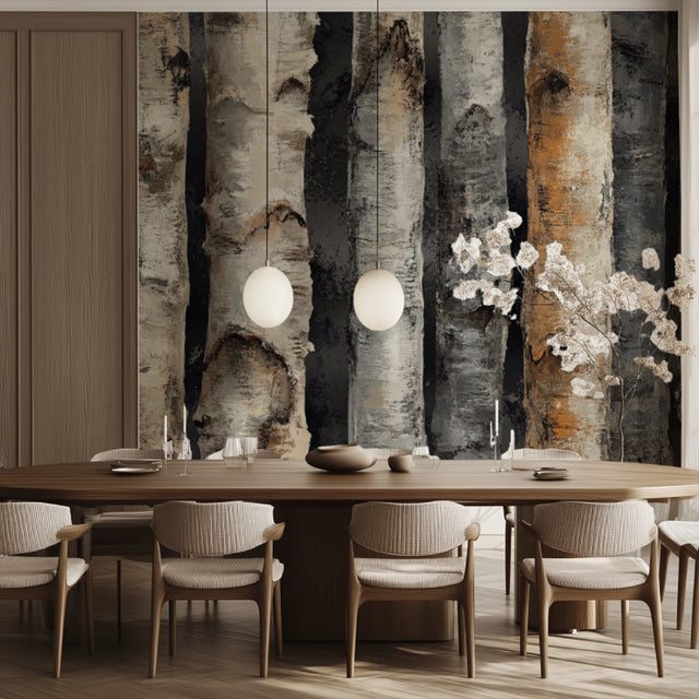 Birch tree wallpaper creating a stunning accent wall in a modern living room with natural light