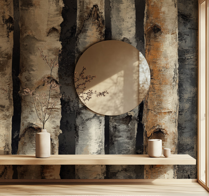 Textured birch tree wallpaper in a minimalist dining room setting