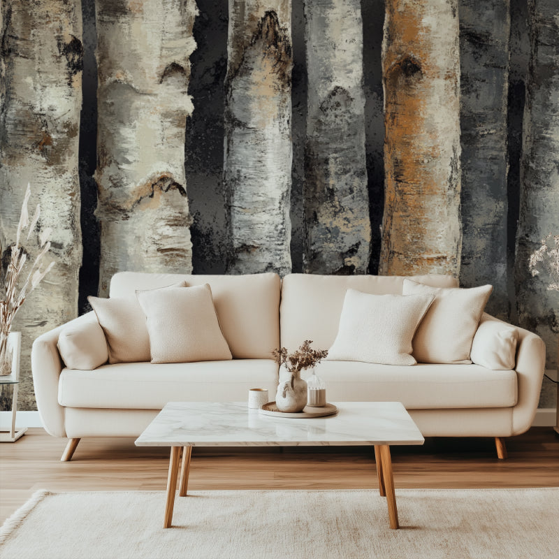 Forest wallpaper creating depth in a hallway with ambient lighting