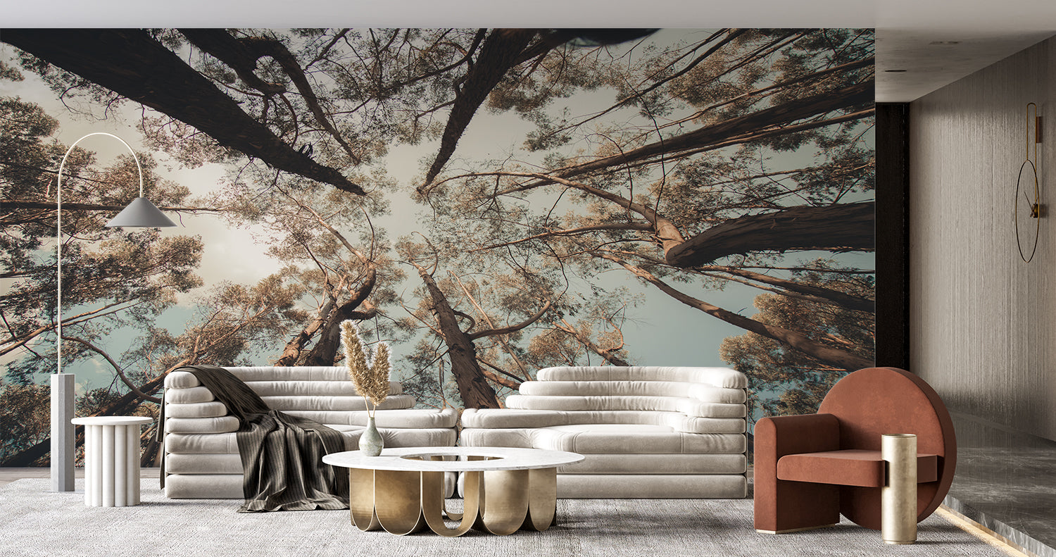 Upward pine tree mural creating height in dining room setting