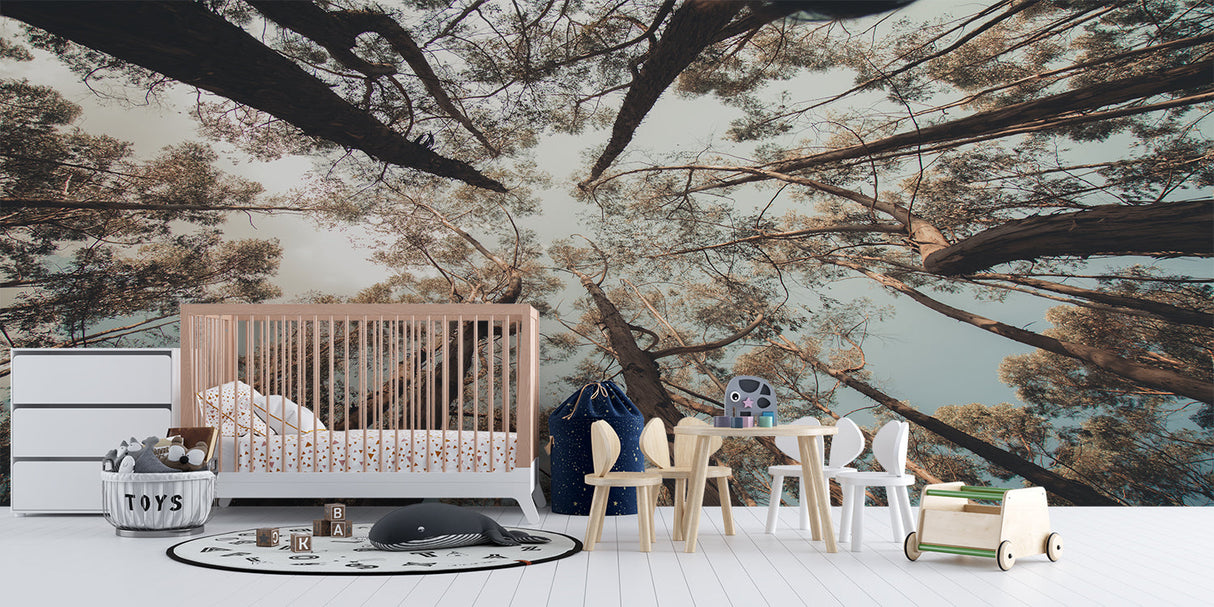 Forest canopy wallpaper adding natural feel to meditation room