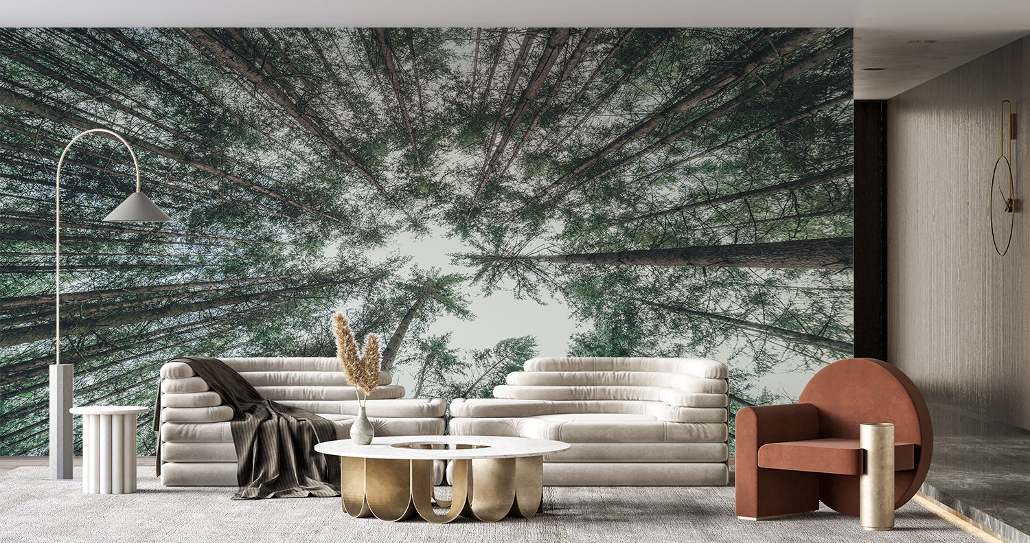 Pine tree wall mural adding natural charm to a cozy bedroom
