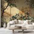 Forest leaf wallpaper creating a cozy atmosphere in a modern living room with natural light