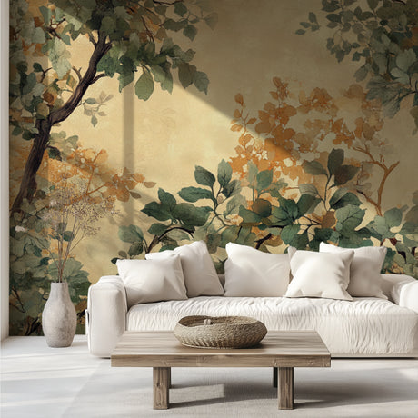 Forest leaf wallpaper creating a cozy atmosphere in a modern living room with natural light