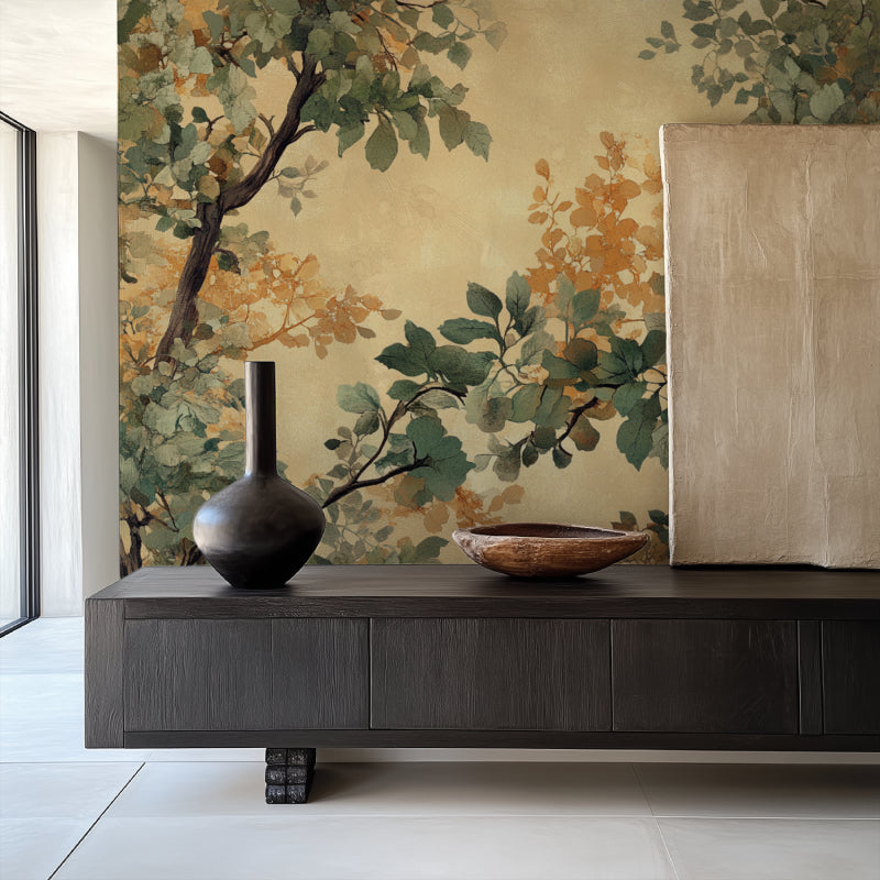Botanical wall mural showcasing oak leaves in a minimalist dining room setting