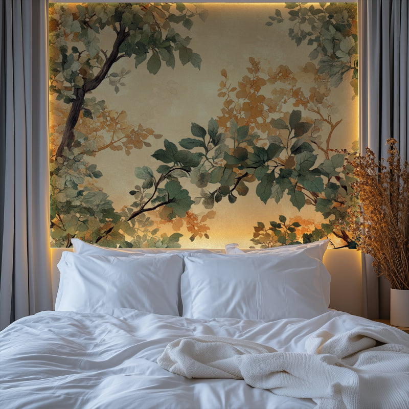 Nature-inspired oak leaf wallpaper bringing warmth to a home office space