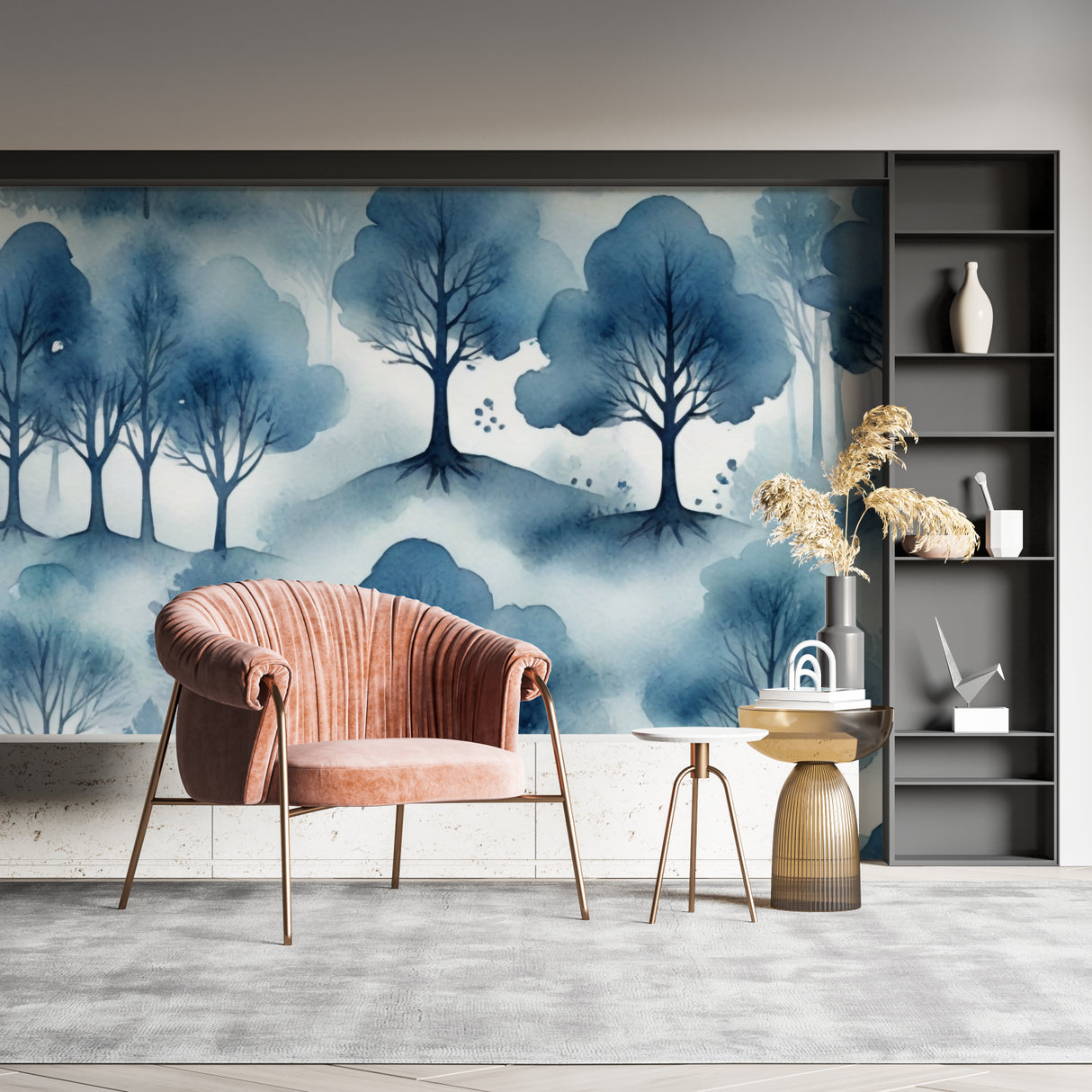 Blue forest wallpaper mural in modern living room, creating depth with watercolor tree design