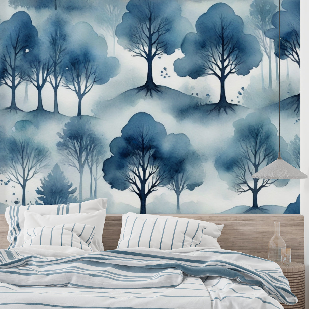 Watercolor forest mural in master bedroom, soft blue trees against white backdrop