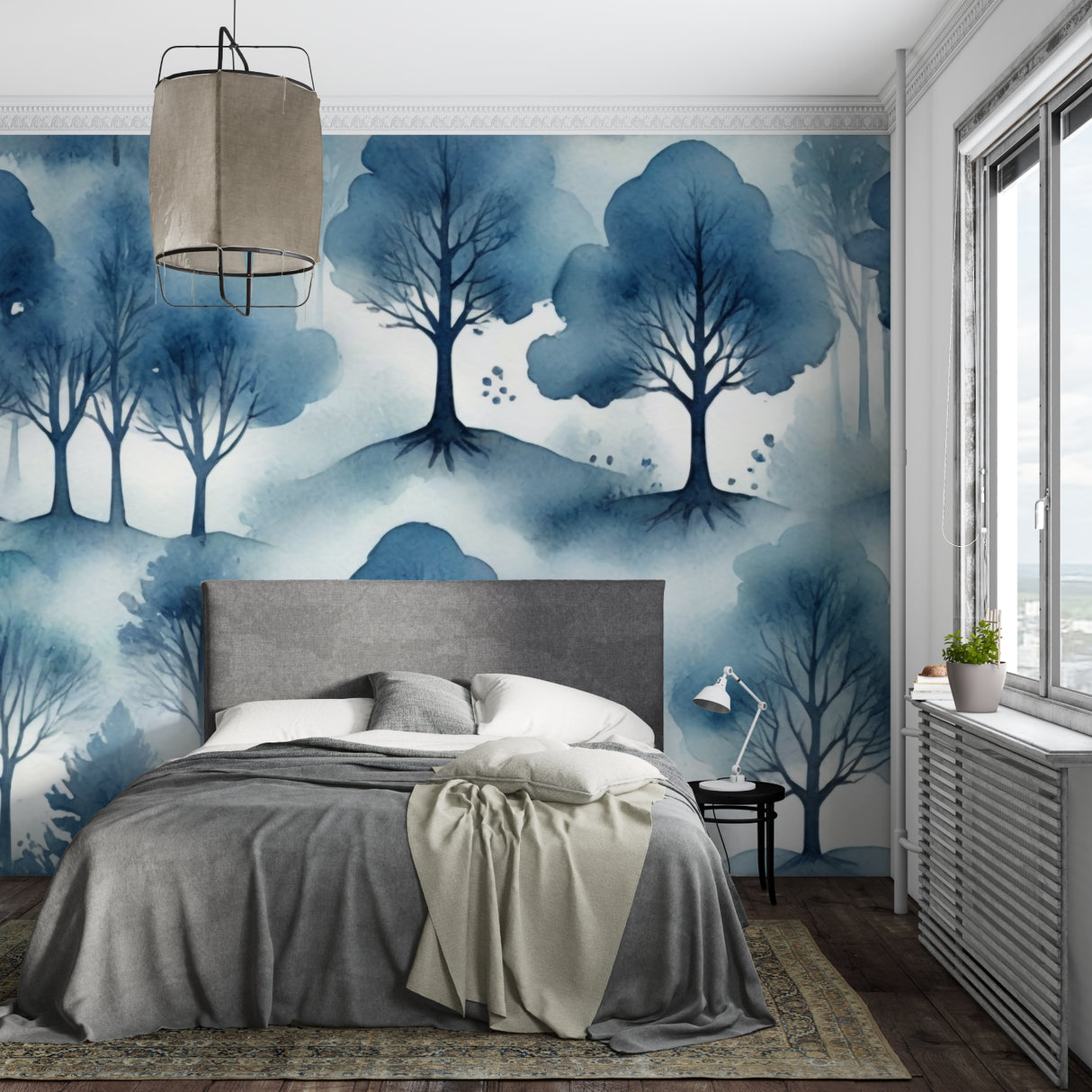 Blue tree wallpaper installed in home office showing scale and depth