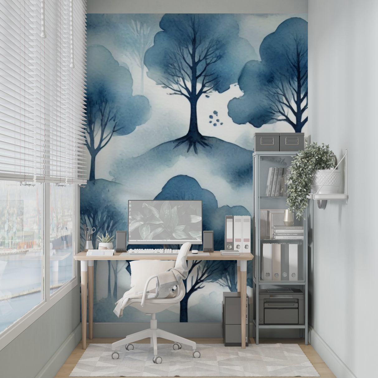 Misty forest wallpaper in dining room with natural lighting