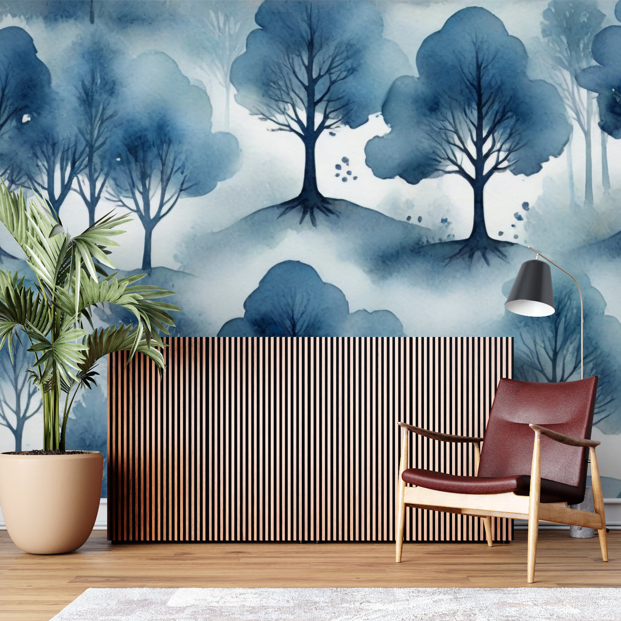 Watercolor tree mural in meditation room showing peaceful atmosphere