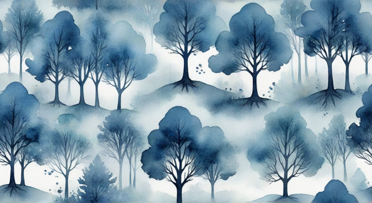 Design file of blue watercolor forest pattern showing intricate tree details