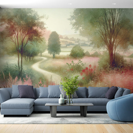 Forest path wallpaper mural in bright modern living room, showing depth and natural light interaction