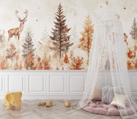 Forest mural wallpaper with deer in modern living room, soft watercolor design creating peaceful atmosphere
