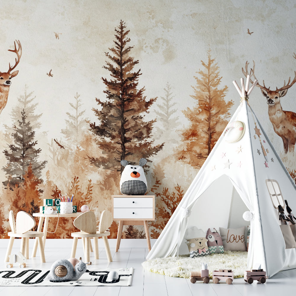 Woodland wallpaper featuring deer and pine trees in cozy bedroom setting, natural earth tones