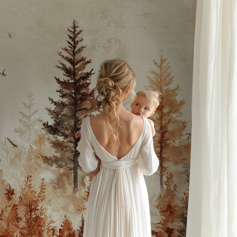 Nature inspired forest mural in dining room, watercolor deer and trees creating serene backdrop