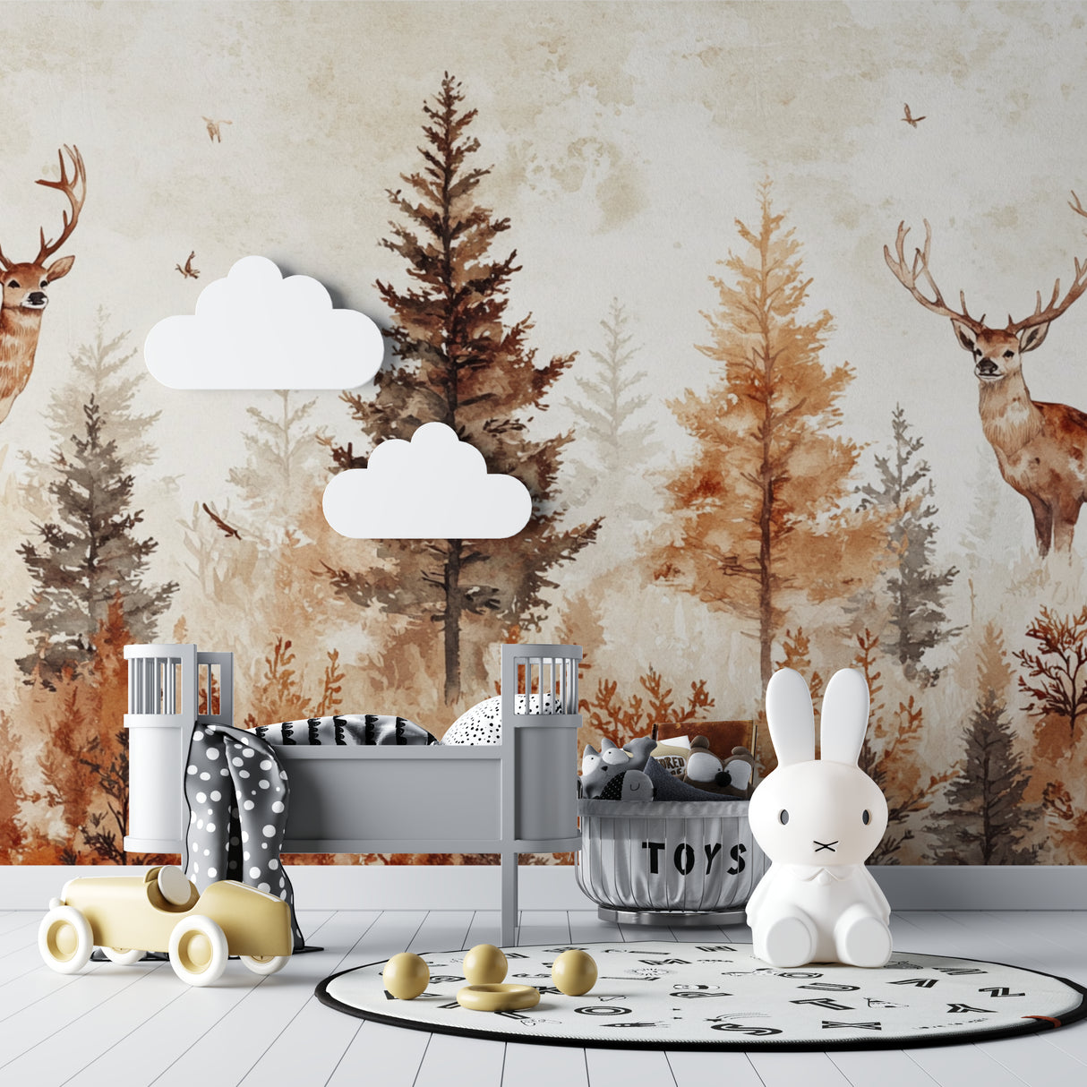 Forest wall mural with deer in nursery setting, gentle watercolor tones perfect for calm space