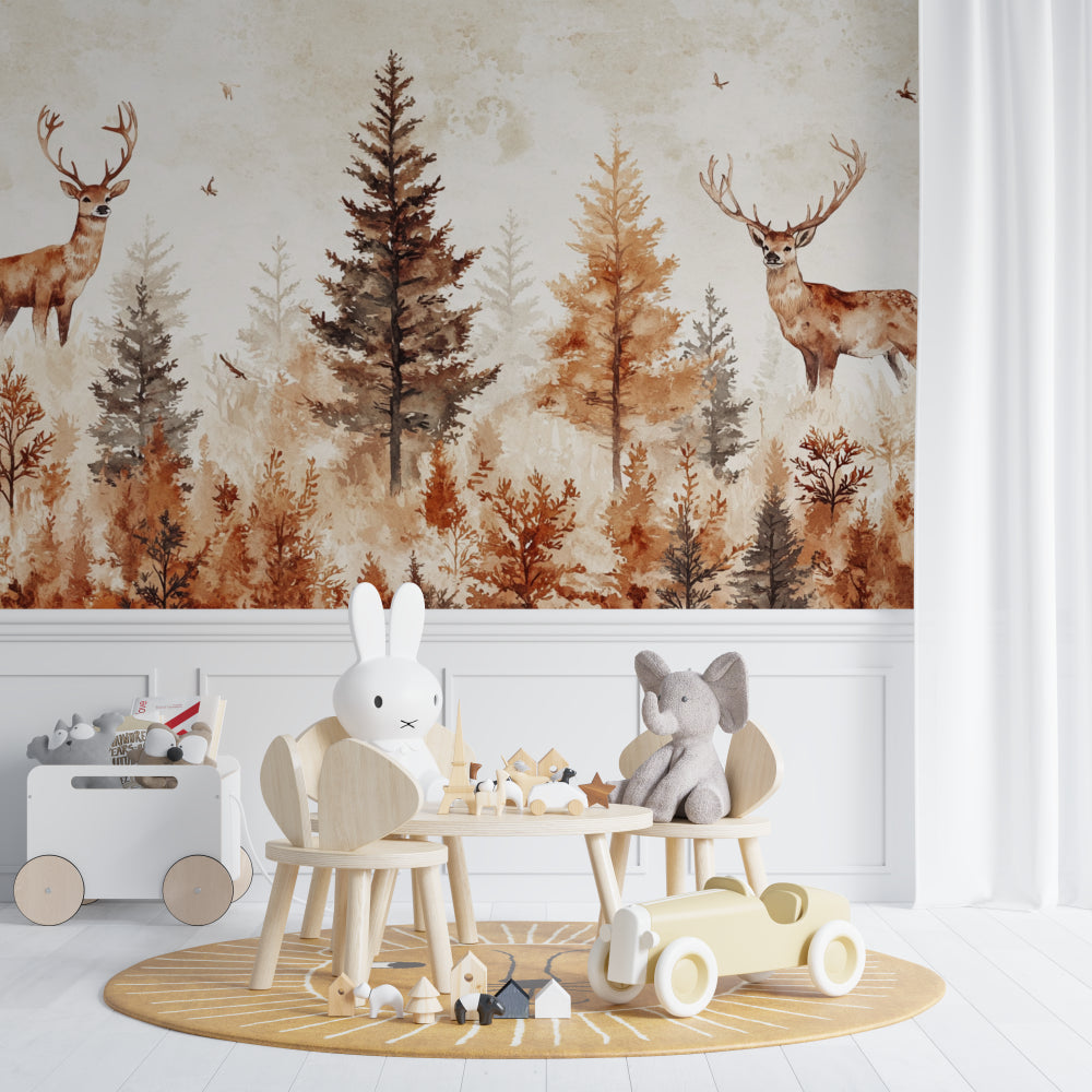 Watercolor forest scene wallpaper in home office, showing deer among misty pine trees