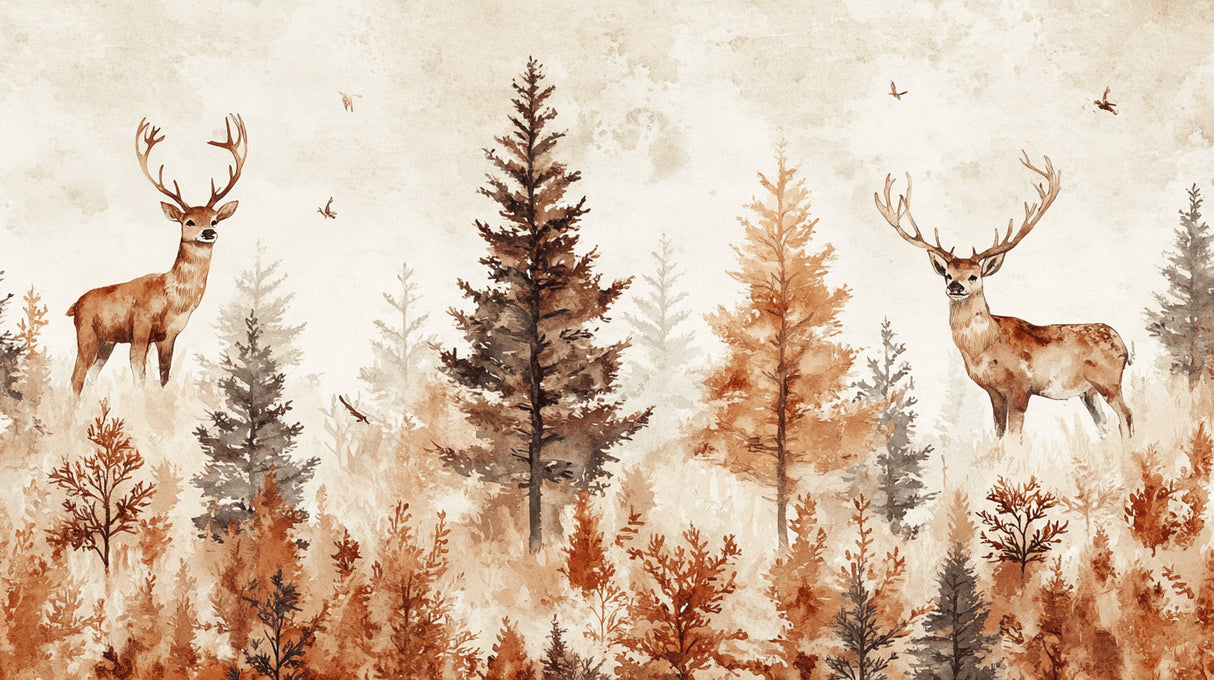 Forest wallpaper design file showing full watercolor pattern with deer and pine trees