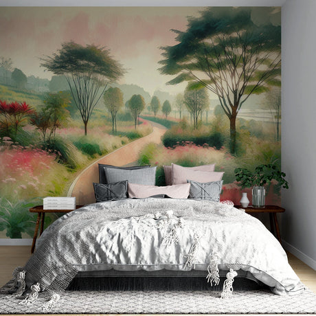 Forest path wallpaper mural showcased in a bright living room, creating a natural extension of the space
