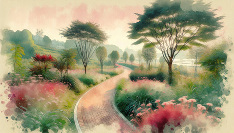 Garden path watercolor wallpaper design file showing intricate pattern and color details