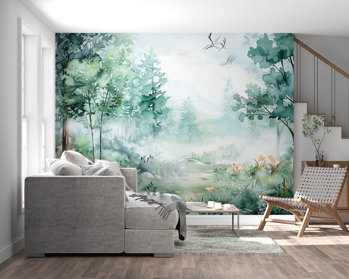 Woodland wall mural in bedroom setting with soft green tones and flying birds