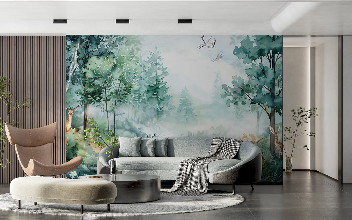 Nature mural wallpaper displayed in dining room with morning light