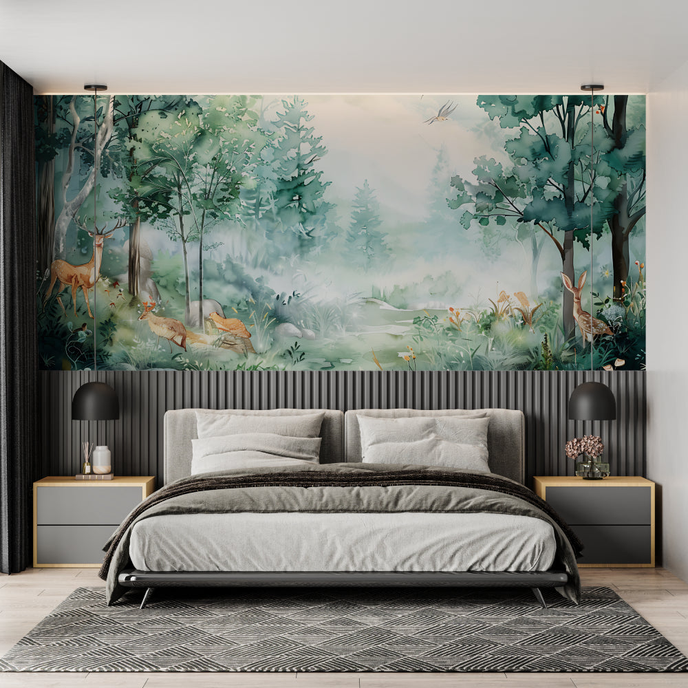 Forest birds wallpaper creating calm atmosphere in home office space