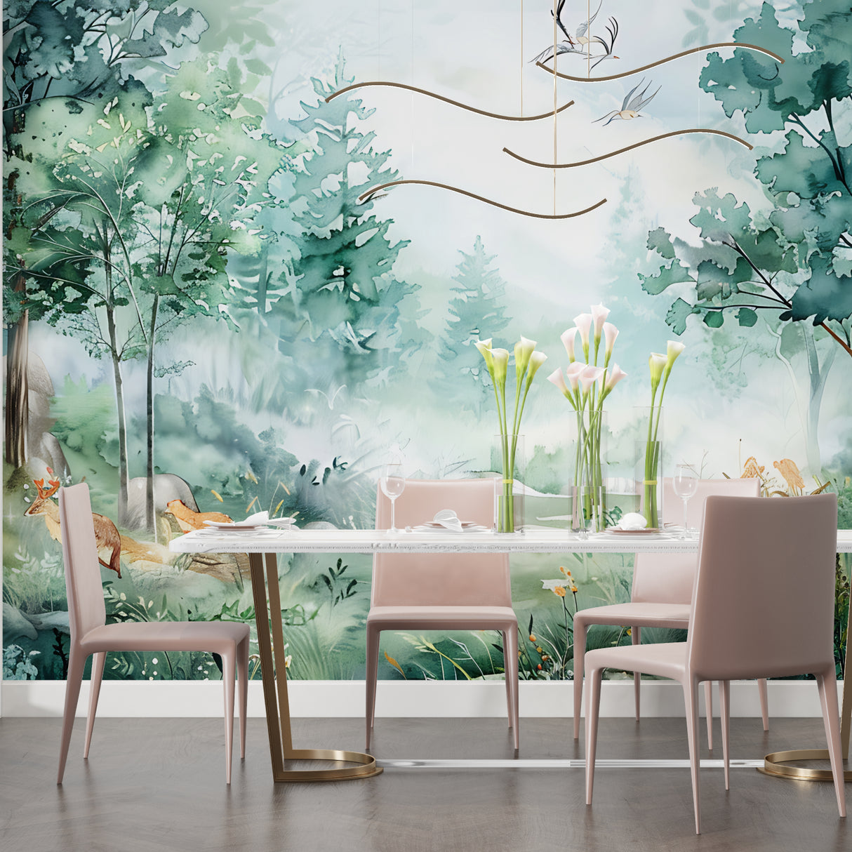 Green forest mural adding depth to hallway with natural lighting