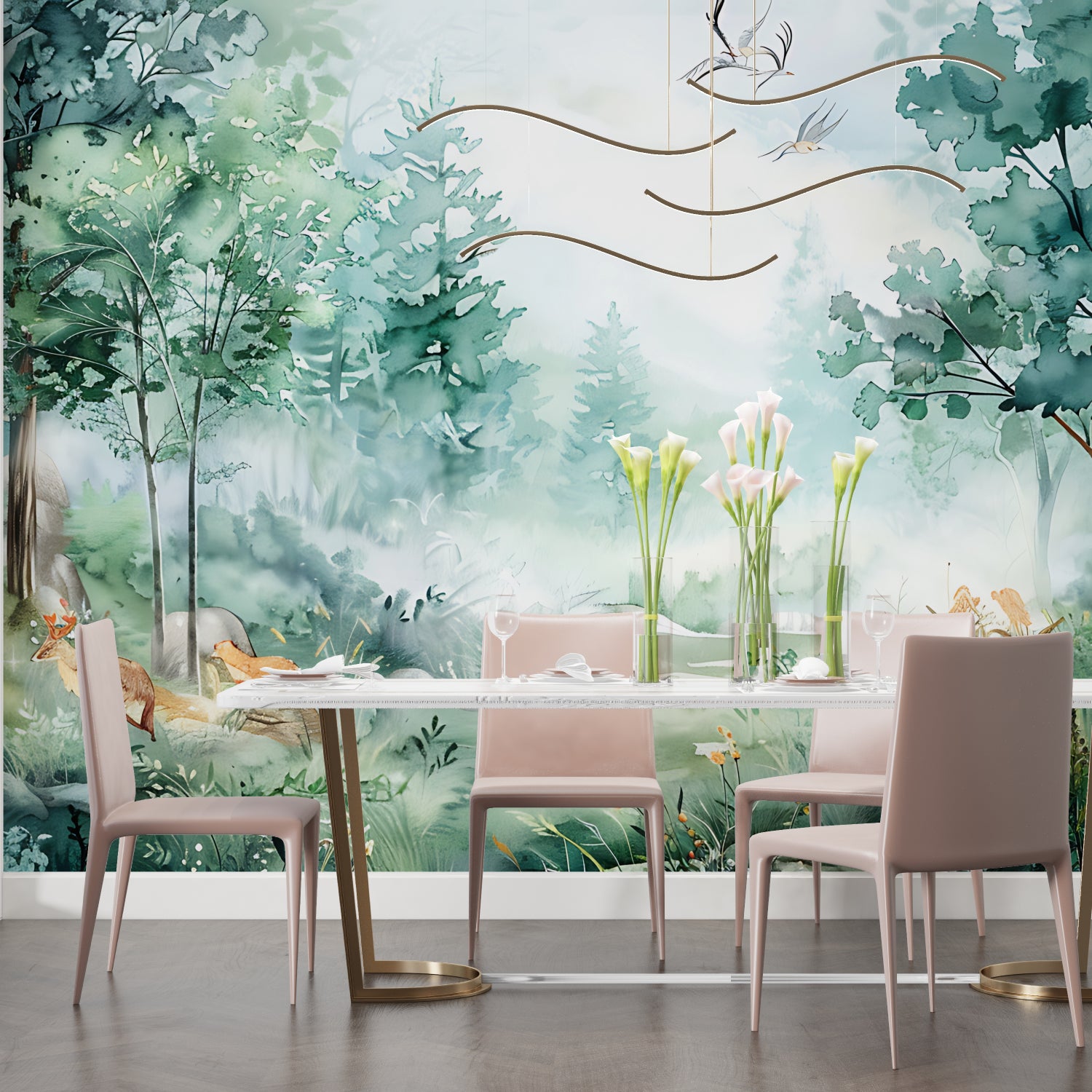 Green forest mural adding depth to hallway with natural lighting