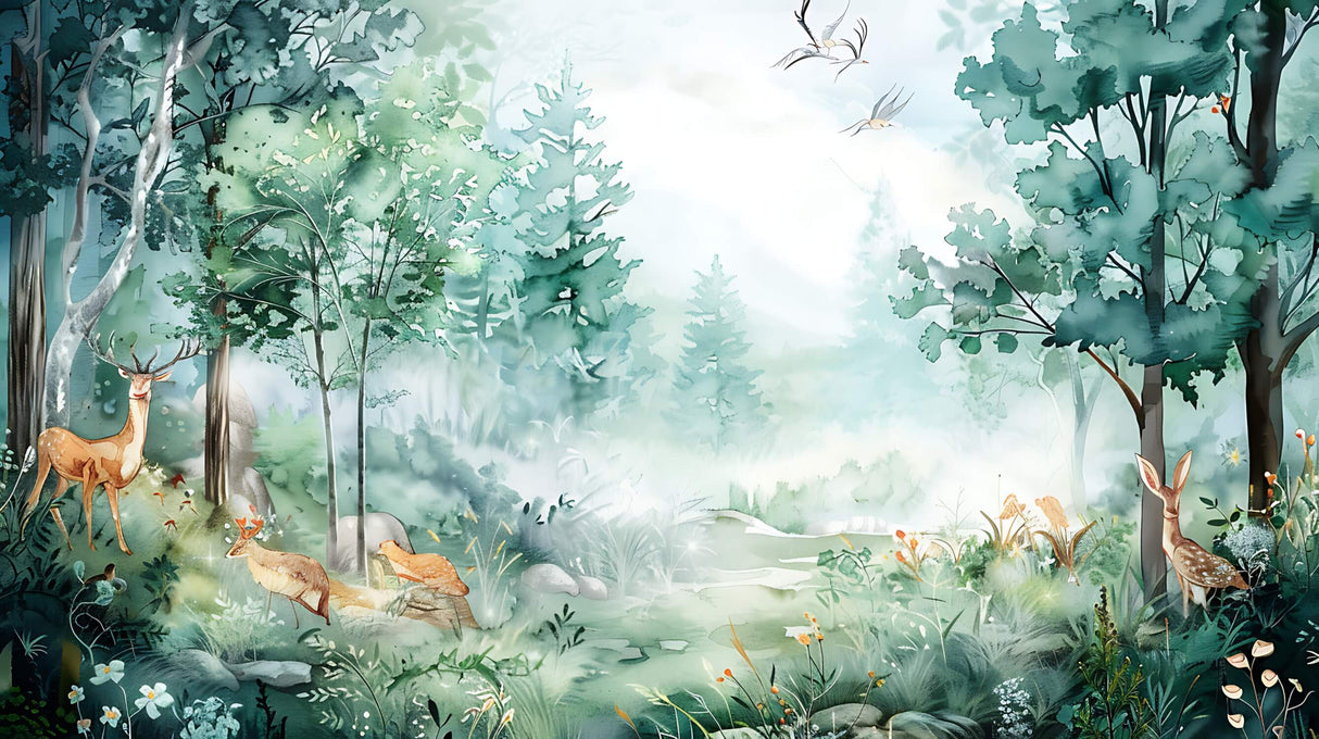 Forest and birds wallpaper design file showing full pattern and watercolor details