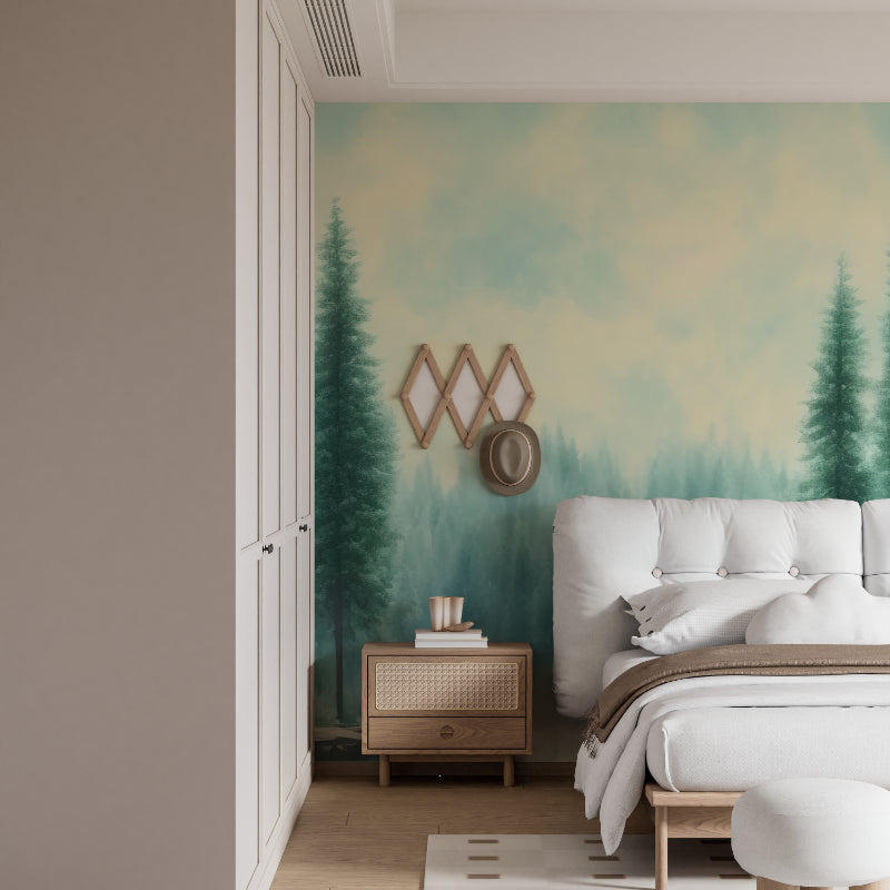 Pine tree wall mural adding depth to a cozy bedroom with minimal furniture