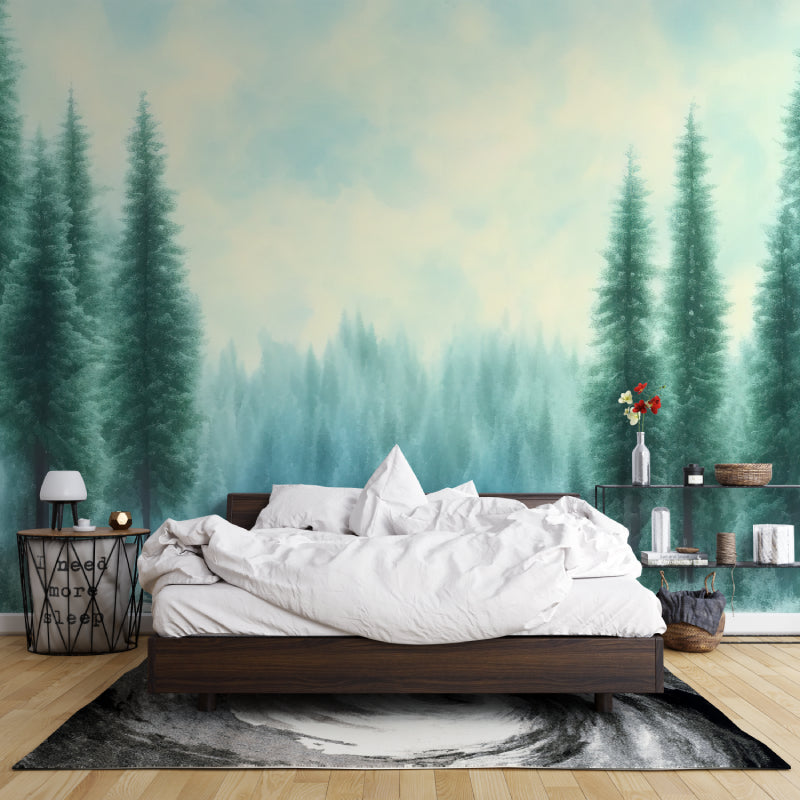 Watercolor forest wallpaper brightening a home office space with green accents