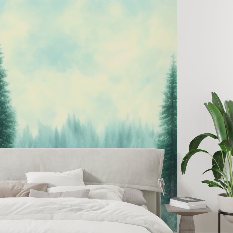 Misty forest mural creating a calming atmosphere in a meditation room