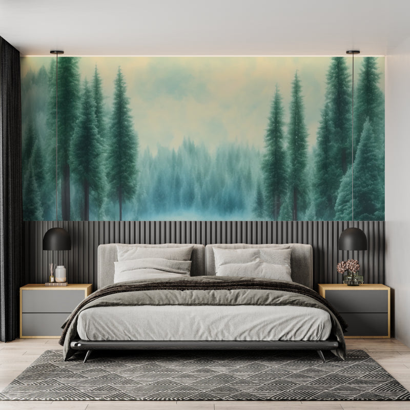 Forest wallpaper transforming a dining room with soft natural lighting