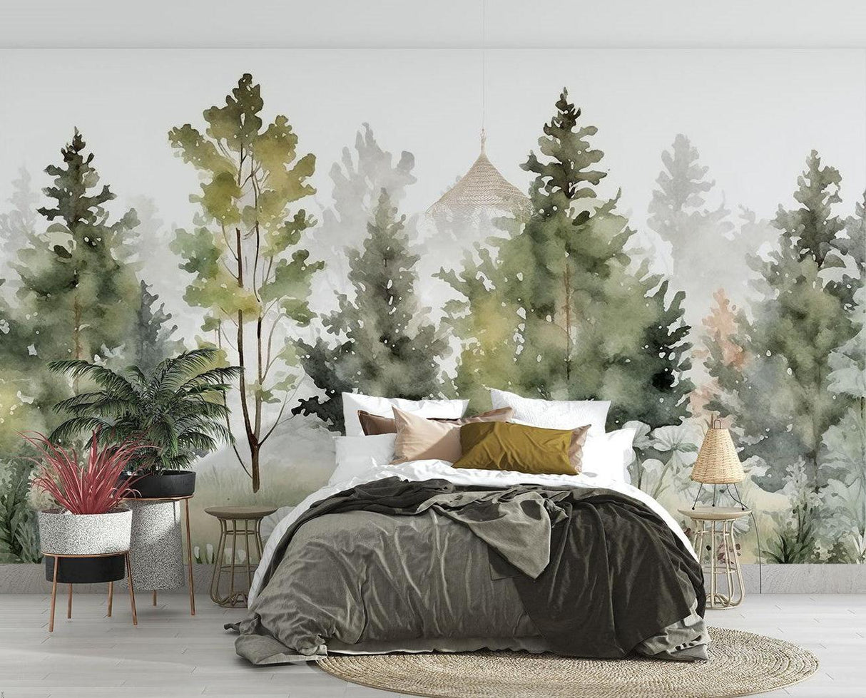 Watercolor Forest Mural transforms a modern living room with soft pine tree scenery