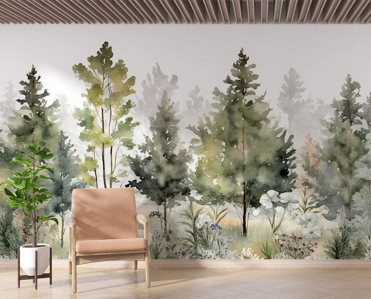 Pine Tree Wallpaper creating a peaceful bedroom retreat