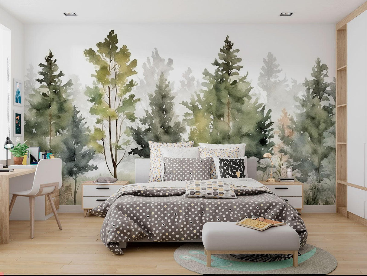 Forest Wall Mural bringing nature into a cozy home office