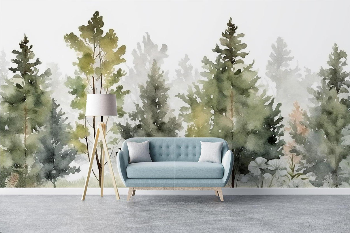 Watercolor Forest Wallpaper enhancing a minimalist dining room