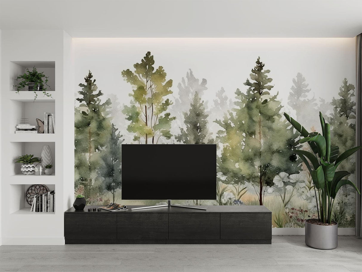 Pine Tree Mural adding depth to a reading nook