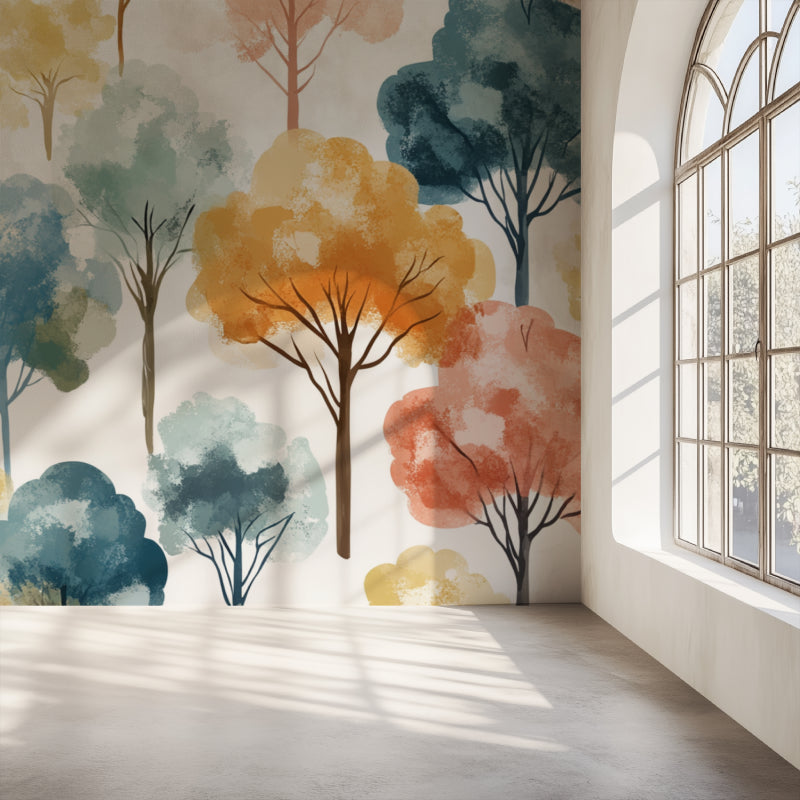Watercolor Forest Mural transforms this cozy living room with soft autumn colors