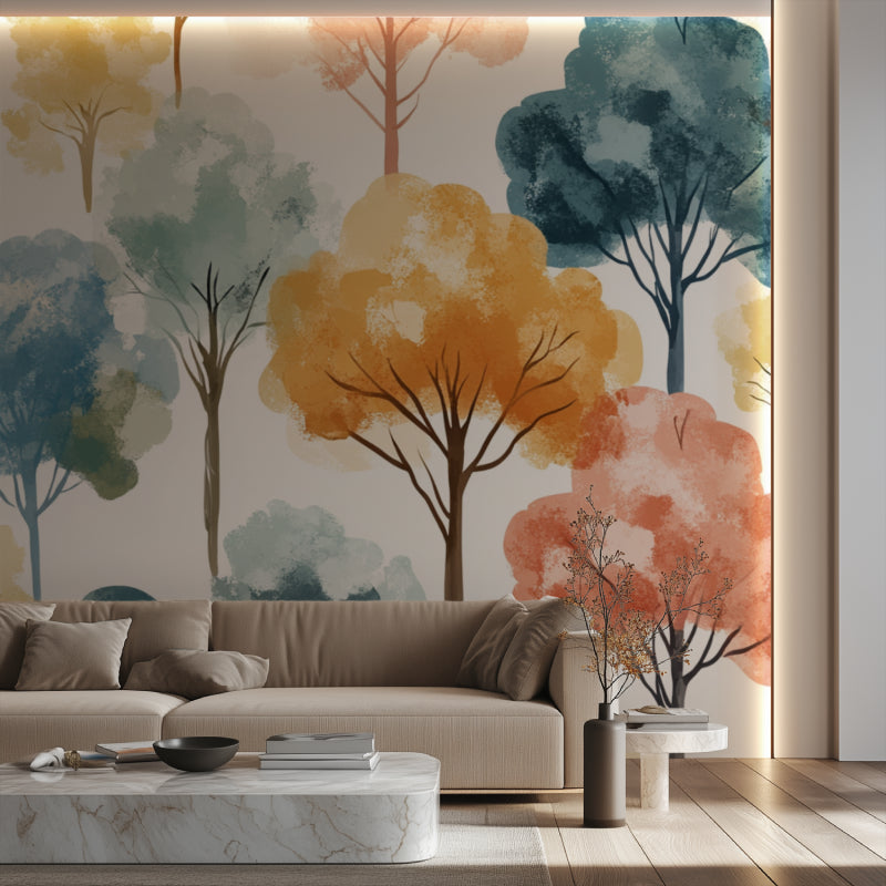 Modern bedroom featuring Forest Wallpaper with watercolor tree design