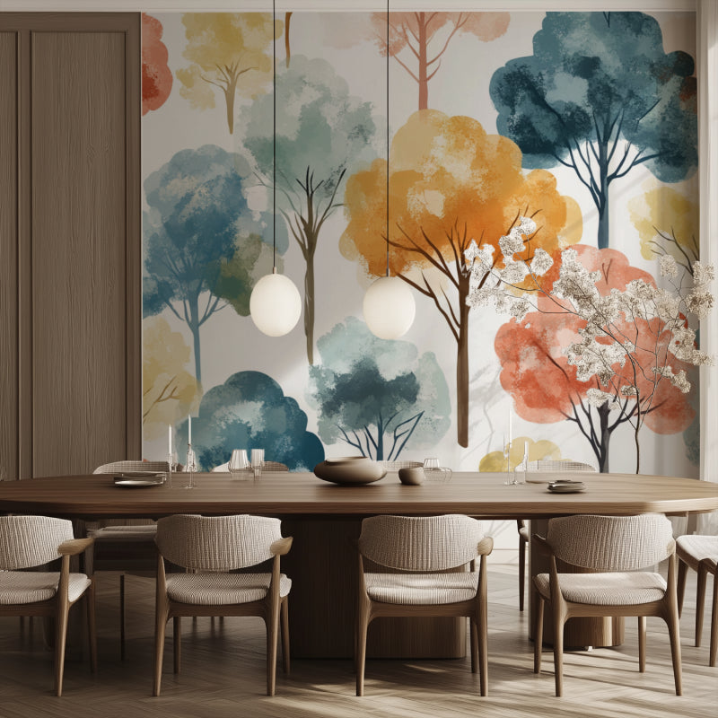 Home office wall decorated with Watercolor Tree Mural in coral and amber tones