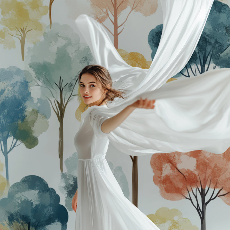 Reading nook with calming Watercolor Forest Wallpaper in soft autumn shades