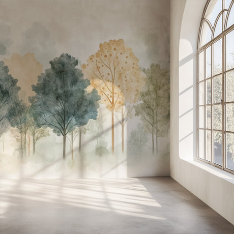 Forest mural wallpaper creating depth in modern living room with grey sofa and natural light