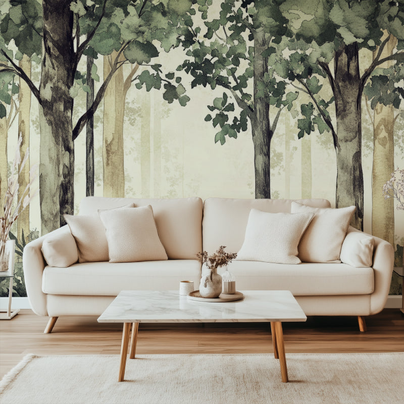 Forest bird wallpaper mural in modern Scandinavian living room with natural light