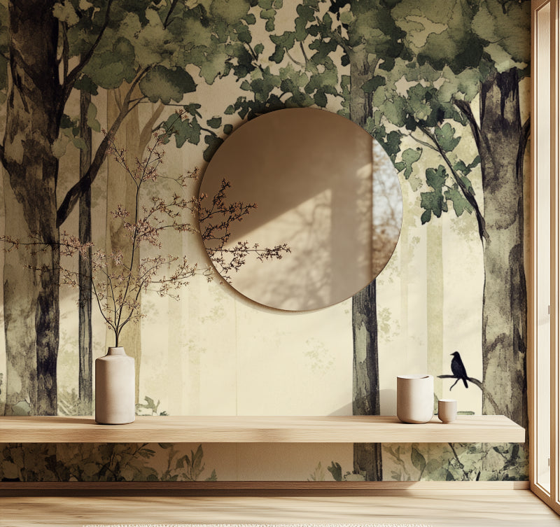 Watercolor forest wallpaper creating depth in cozy bedroom setting
