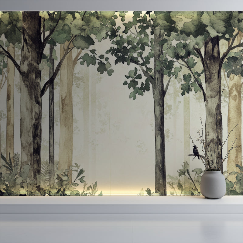 Woodland mural wallpaper in reading nook with natural decor