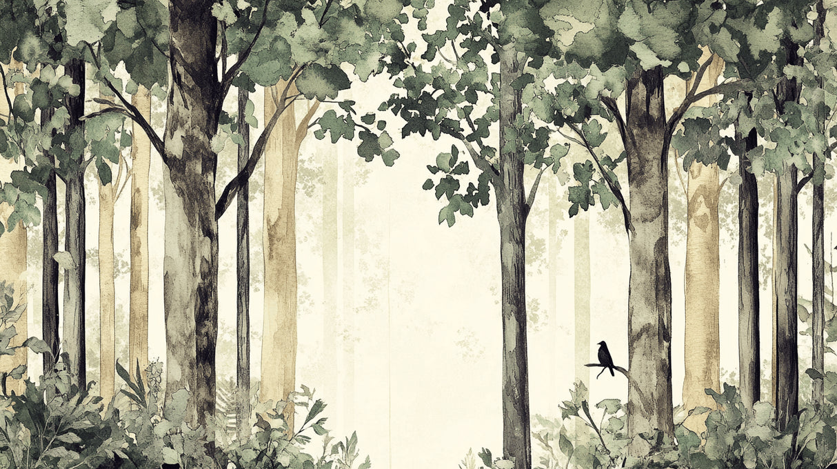 Forest and birds watercolor wallpaper design file showing full pattern detail